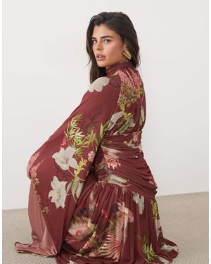 ASOS Mesh Hoogsluitende Maxi Jurk Met Mouwdetail - Bruin