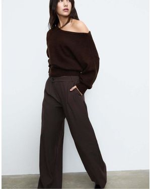 Stradivarius Casual Striped Smart Trousers With Crossover Waist - Brown