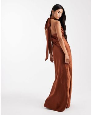 Six Stories Bridesmaid Twist Front Satin Maxi Dress - Brown