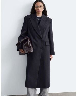& Other Stories Premium Wool Double Breasted Maxi Coat With Bold Shoulder Details - Blue