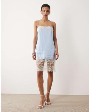 Mango Satin Cami Mini Dress With Lace Trim - Blue