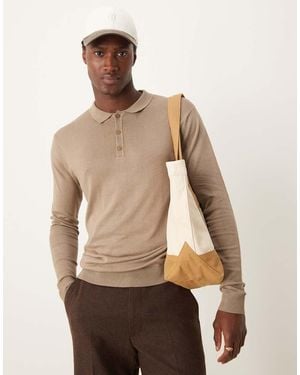 New Look Long Sleeve Knitted Polo - Natural