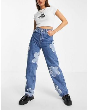 TOPSHOP Oversized Mom Jean With Flower Patches - Blue