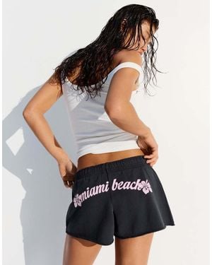 Bershka Embroidered Fleece Shorts - Blue