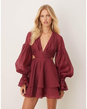 ASOS Organza Pleated Mini Dress With Blouson Sleeve And Cuff Detail - Red