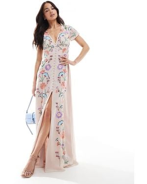 Maya Embroidery & Faux Button Front Maxi Dress - Multicolour