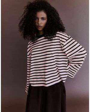 Bershka Striped Boxy Long Sleeve T-Shirt - Pink
