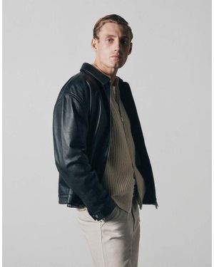 ASOS COLLECTIVE Oversized Harrington Textured Real Leather Jacket - Blue