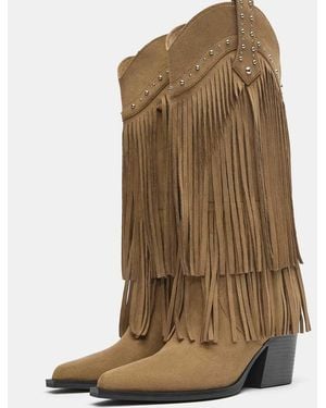 Pull&Bear Fringed Cowboy Heel Boots - Green