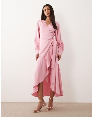 Vila Long Sleeve Satin Wrap Midi Dress - Pink