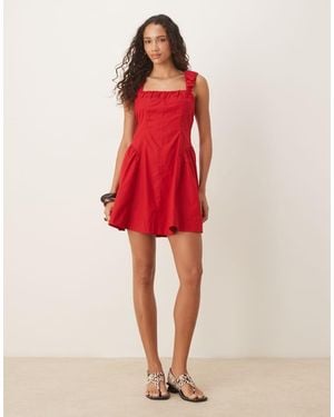 ASOS Ruched Cap Sleeve Waisted Mini Dress - Red