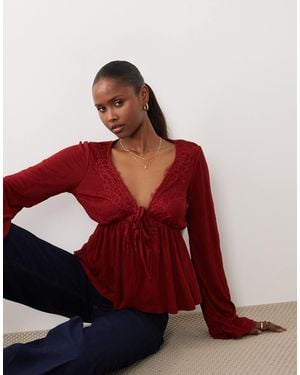ASOS Crinkle Lace Trim Plunge Top With Flare Sleeve - Red