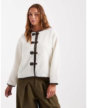 Brave Soul Teddy Collarless Jacket With toggle Closures - White