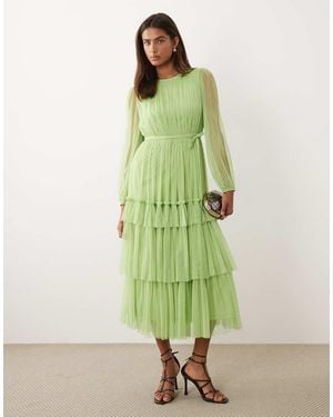 LACE & BEADS Crew Neck Tiered Midi Dress - Green