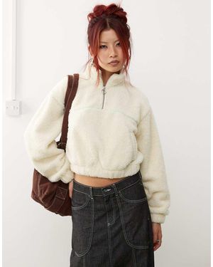 Monki Borg Half Zip Up Fleece Sweatshirt - Natural