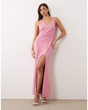 Vila Deep V Neck Maxi Dress With Leg Split - Pink
