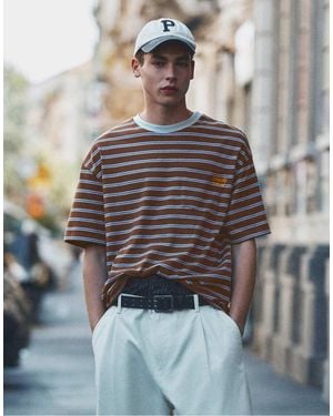 Pull&Bear Striped T-Shirt With Text - Grey