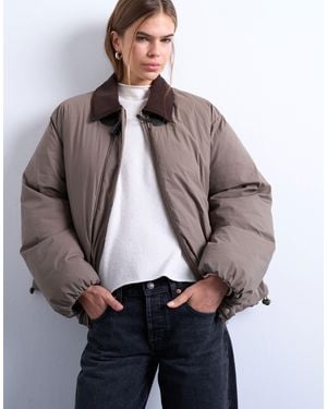 TOPSHOP Nylon Padded Car Coat With Contrast Suedette Collar - Gray