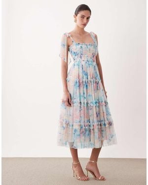 LACE & BEADS Bow Shoulder Shirred Ruffle Midi Dress - White