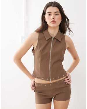 Motel Janae Studded Zip Through Vest Top Co-Ord - Brown