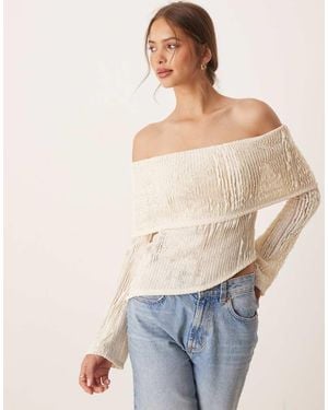 ASOS Crochet Semi Sheer Bardot Top With Asymmetric Hem - Natural