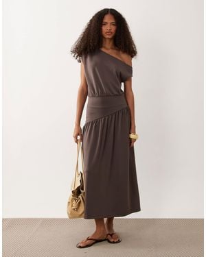 ASOS Fallen Shoulder Asymmetric Cinched Waist Midi Dress - Brown