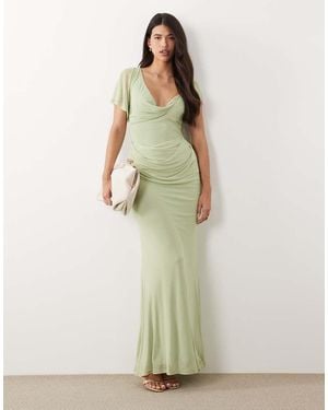 ASOS Draped Mesh Asymmetric Sleeve Maxi Dress - Green