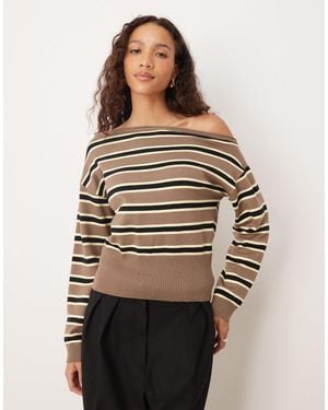 Motel Jalira Asym Off Shoulder Stripe Sweater - Natural