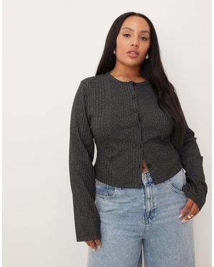ASOS Asos Design Curve Rib Detail Long Sleeve Button Through Top - Black