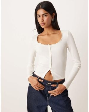 ASOS Rib Long Sleeve With Lace & Button Detail - White