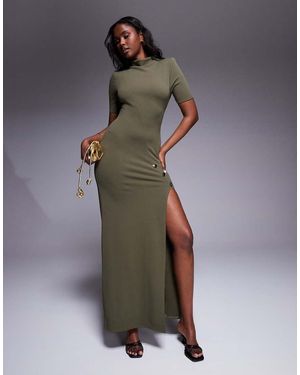 ASOS Scuba High Neck Maxi Pencil Dress With Short Sleeves And Large Gold Button Detail Split - Grey