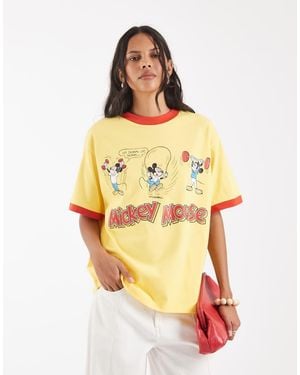 ASOS Disney Oversized Ringer T-shirt With Mickey Mouse Exercise Print - Yellow
