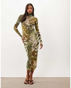 AFRM Vestido Midi De Manga Larga Con Cuello Alto De Malla Y Estampado De Serpiente Verde - Blanco