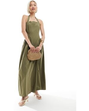 4th & Reckless Cotton Square Halterneck Hip Pleat Detail Maxi Dress - Green