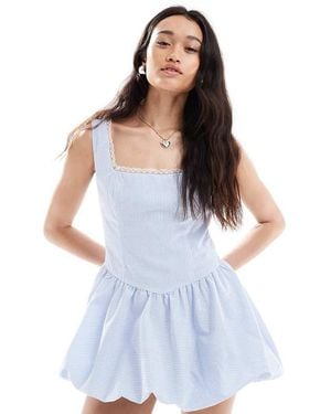 The Frolic Exclusive Square Neck Lace Trim Puff Ball Mini Dress - Blue