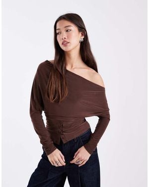 Miss Selfridge Slinky Off The Shoulder Top With Button Detail - Brown
