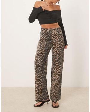 Brave Soul Leopard Print Wide Leg Jeans - Natural