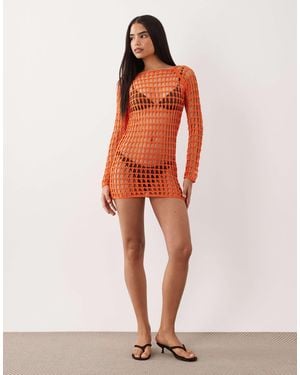 Kaiia Exclusivité - - robe courte en maille crochetée à manches longues - Orange