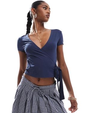 Miss Selfridge Short Sleeve Jersey Wrap Top - Blue