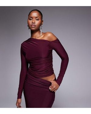 Kaiia Exclusive Double Layered Slinky Off Shoulder Long Sleeve Top Co-Ord - Purple