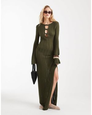 4th & Reckless Knitted Keyhole Bead Detail Flare Sleeve Maxi Beach Dress - Green