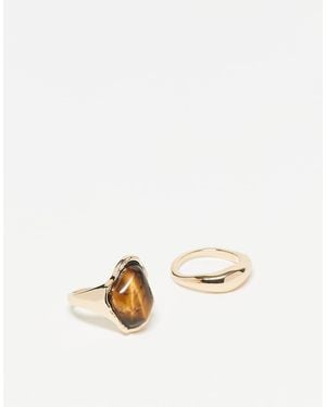 ASOS Pack Of 2 Rings With Real Semi-precious Tigers Eye Stone - Natural