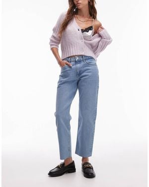 TOPSHOP Mid Rise Straight Cropped Jeans With Raw Hems - Blue