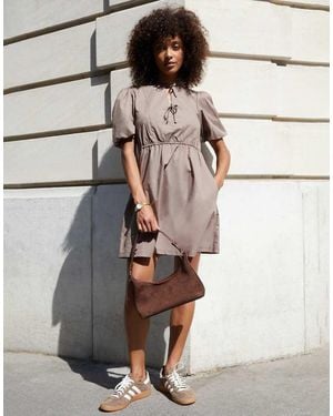 Threadbare Puff Sleeve Tie Front Smock Mini Dress - Grey