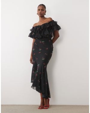 ASOS Lace Mix Bardot Off Shoulder Ruffle Midi Dress - Multicolor