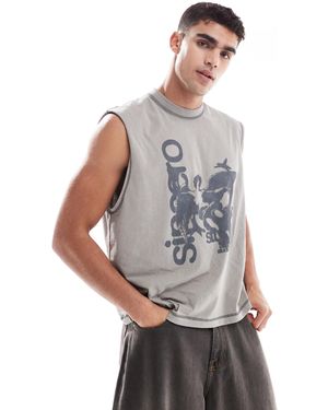 ASOS Débardeur épais oversize coupe carrée à inscription - délavé - Gris