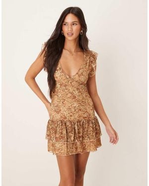 Motel Lotri Lace Wrap Ruffle Edge Mini Dress - Natural