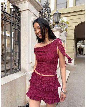 Bershka Lace Top With Ruffles - Red