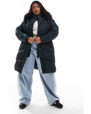 Yours Longline Padded Coat With Faux Fur Hood - Blue