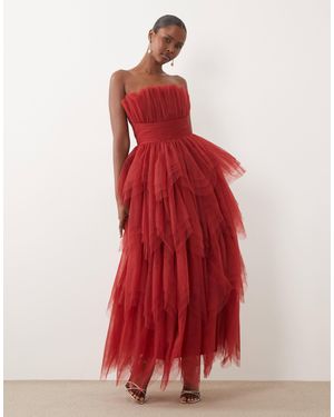 LACE & BEADS Tulle Bandeau Tie Maxi Dress - Red
